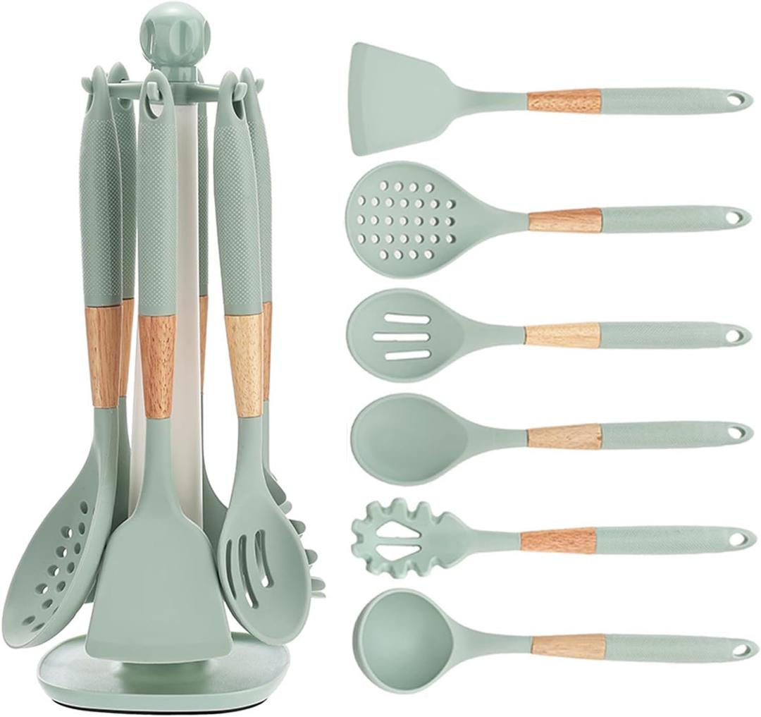 Cooking Kitchen Utensils Set, 7PCS Silicone Cooking Utensil Set with Rotating Holder, Heat Resistant Kitchen Essentials, Kitchen Gadgets for Cookware (Green)