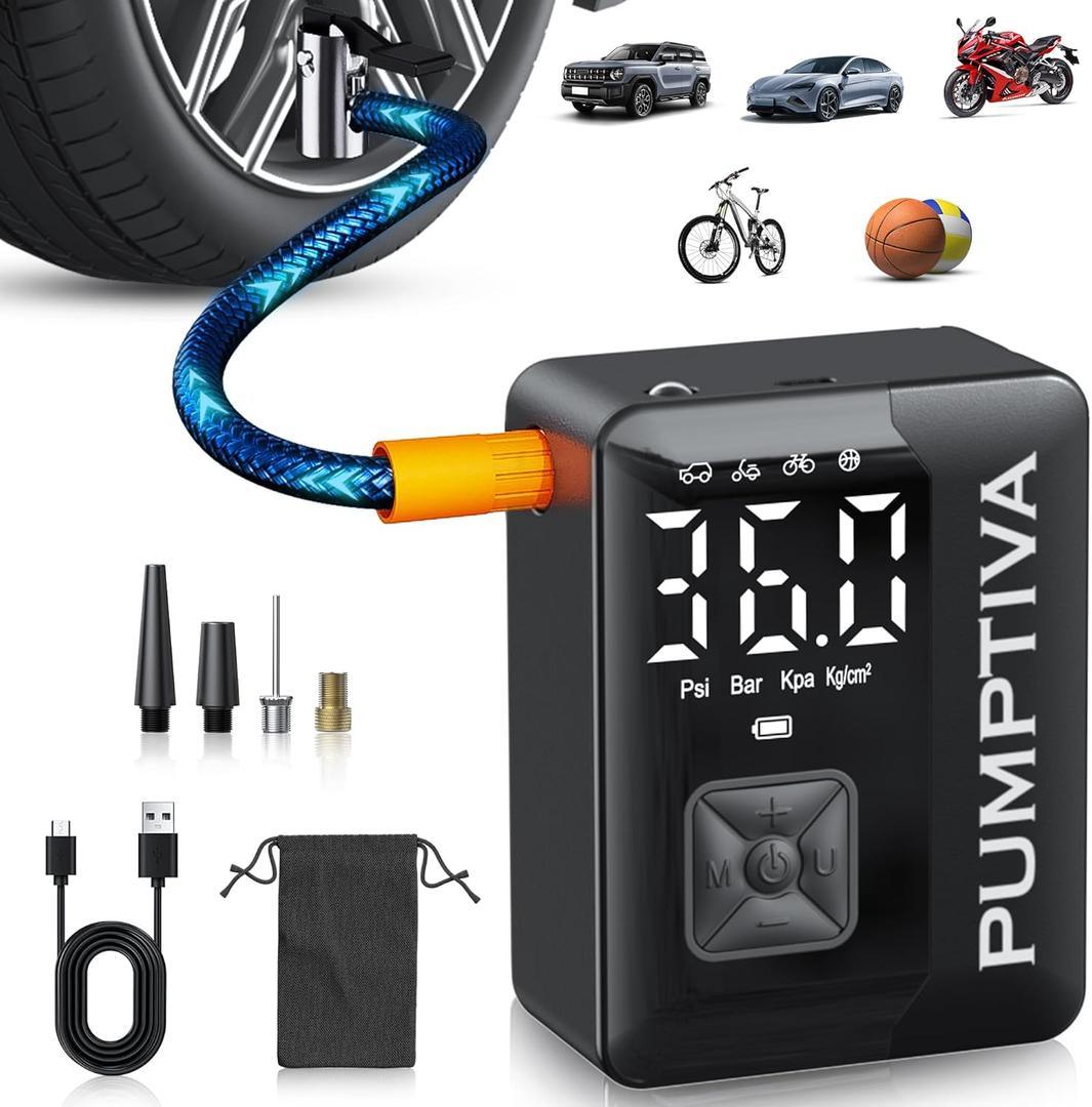 Pumptiva Tire Inflator Portable Air Compressor, 3X Faster Portable Tire Inflator for Car 150PSI Air Pump for Car Tires with LED Light, Auto Shut-Off for Motorcycle, Bicycle, Bike, Ball (Black)