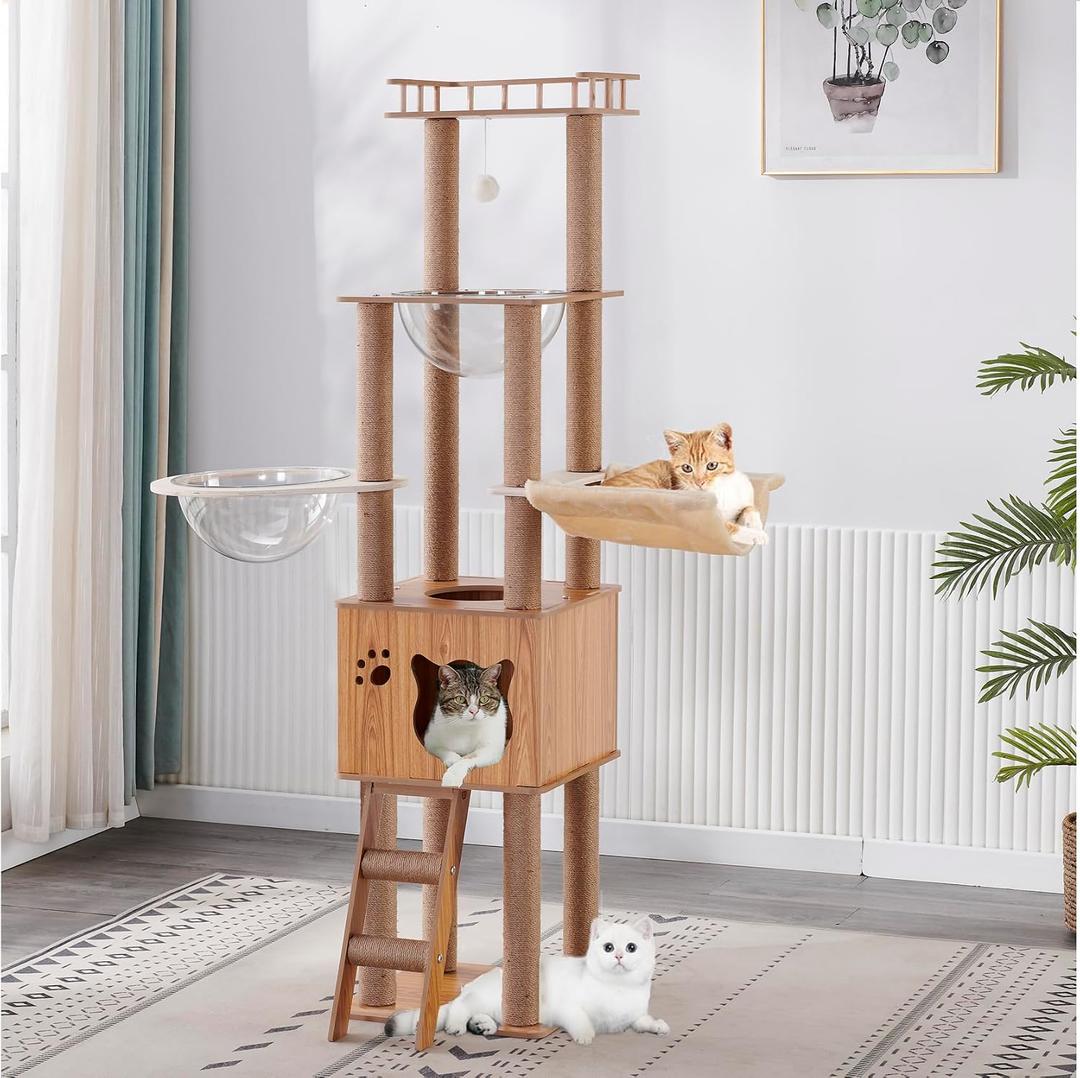 61'' Wooden cat Tree with cat Condo, Cat Stairs Scratching Posts, 2 Bowl,Sisal Scratching Posts,Cozy Cat Hammock and Top Perch. Cat Tree for Large Cats.