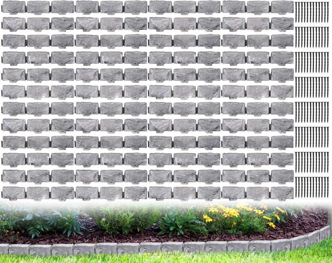 Landscape Edging Faux Stone Garden Edging Border,2.75 in Tall Decorative Stone-Look Garden Border Edging for Flower Bed,Lawn,Landscaped Yard,Tree and Garden Border,with Anchor Spikes,68FT,Gray