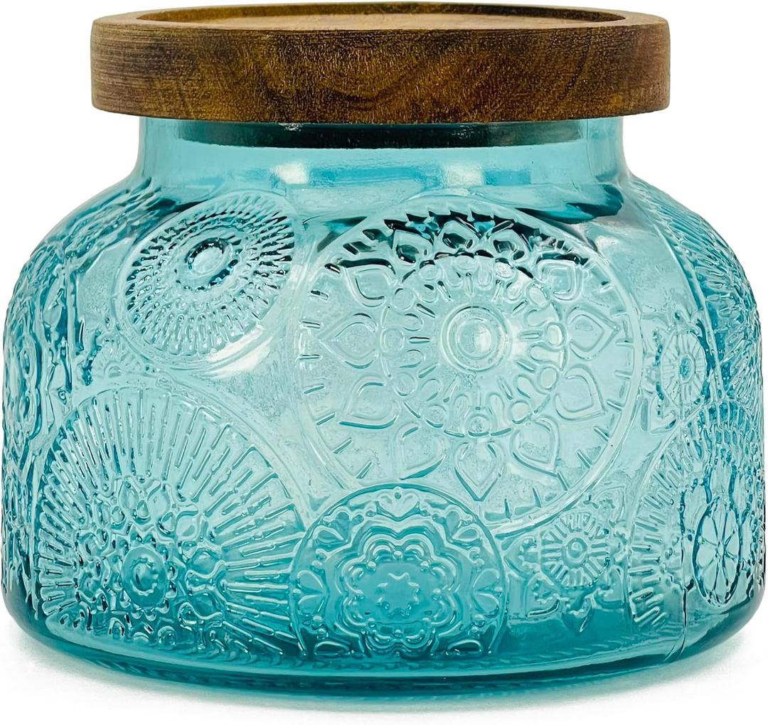 Decorative Blue Glass Jar with Airtight Wooden Lid 25.4 oz, Wide Mouth Vintage Kitchen Food Storage Container for Cookie Candy Honey Flour Spice Coffee Tea, Home Decor Sand Candle Holder Vase, Blue Flower 