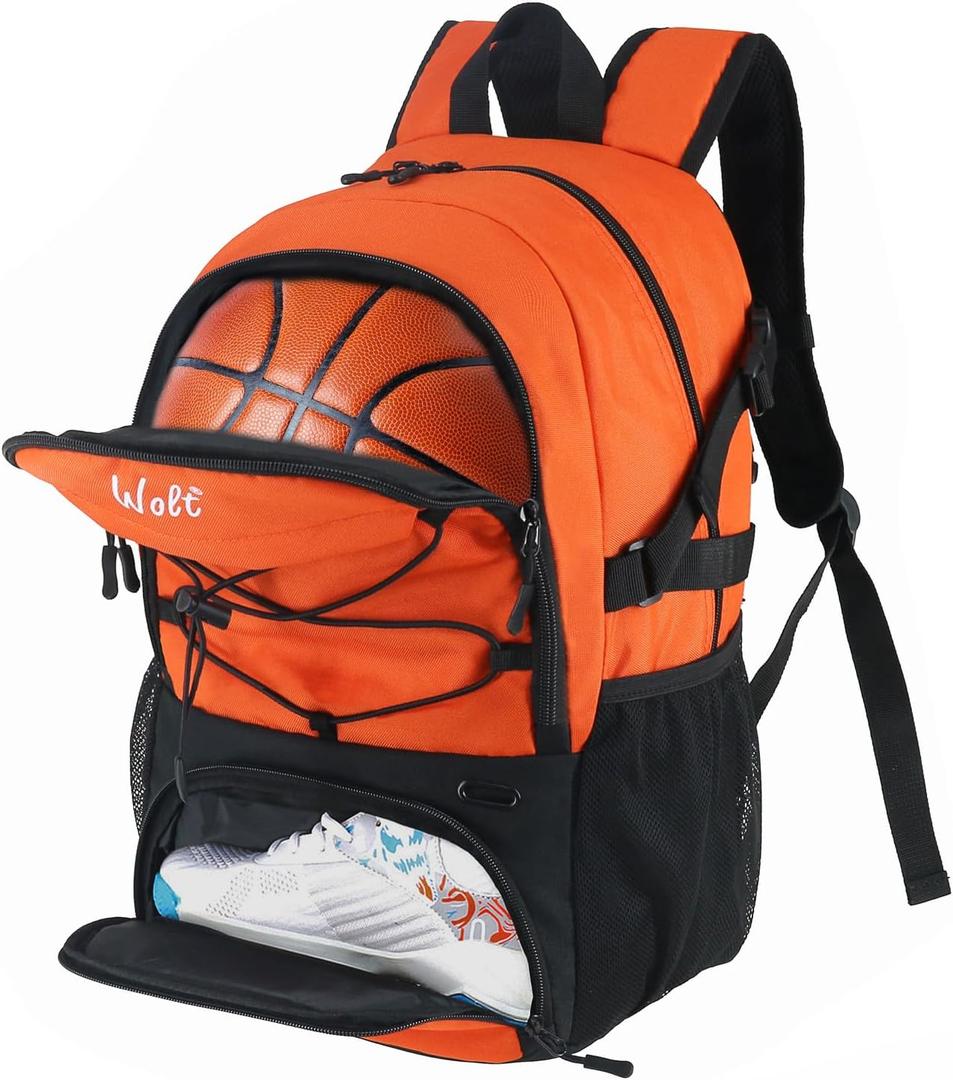 WOLT Basketball Backpack Large Sports Bag with Separate Ball Holder & Shoes Compartment, Best for Basketball, Soccer,Gym (Orange)