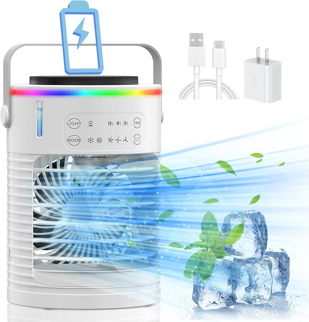 Battery Powered Portable Air Conditioner,6000mAh Rechargeable Small Air Conditioner Fan for Room, Personal Air Cooler with Mist, Timer & Light, Mini AC Unit Cooling Fan for Bedroom, Camping, Tent, Car