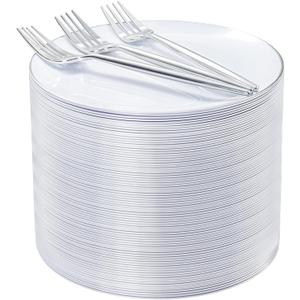 Rubtlamp 100Pcs Plastic Dessert Plates 7.5inch,100Pcs Disposable Silver Forks,White Plastic Plates With Silver Rim, Small Plastic Plates,Dessert Plates With Forks for Appetizer Cake