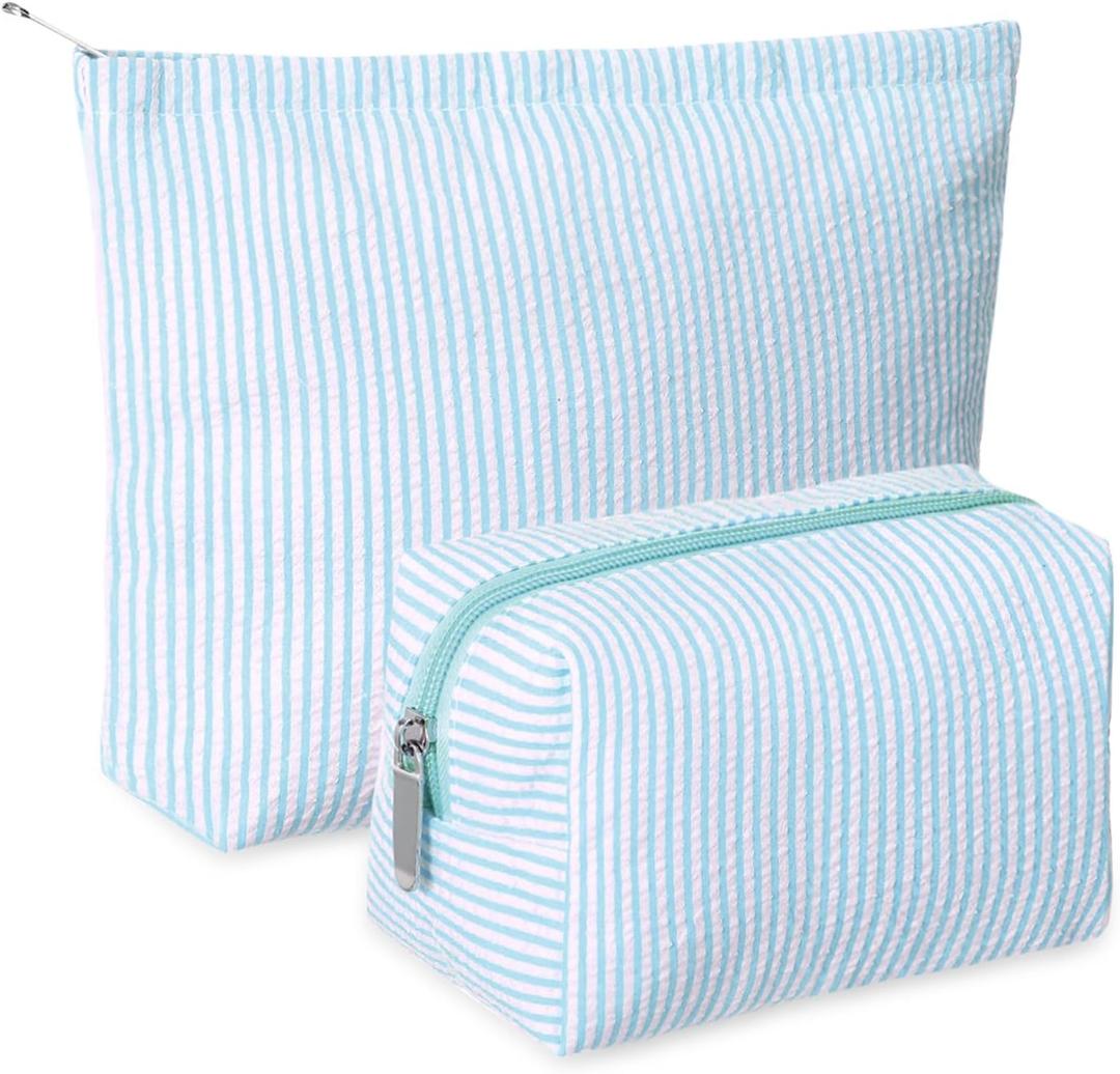 Huhumy 2 Pcs Makeup Bag Set Cute Cosmetic Pouch for Women Seersucker Travel Toiletry Bag Preppy Small Makeup Purse Pouch Aesthetic Skincare Brushes Storage Organizer for Valentine Women(Light Blue)