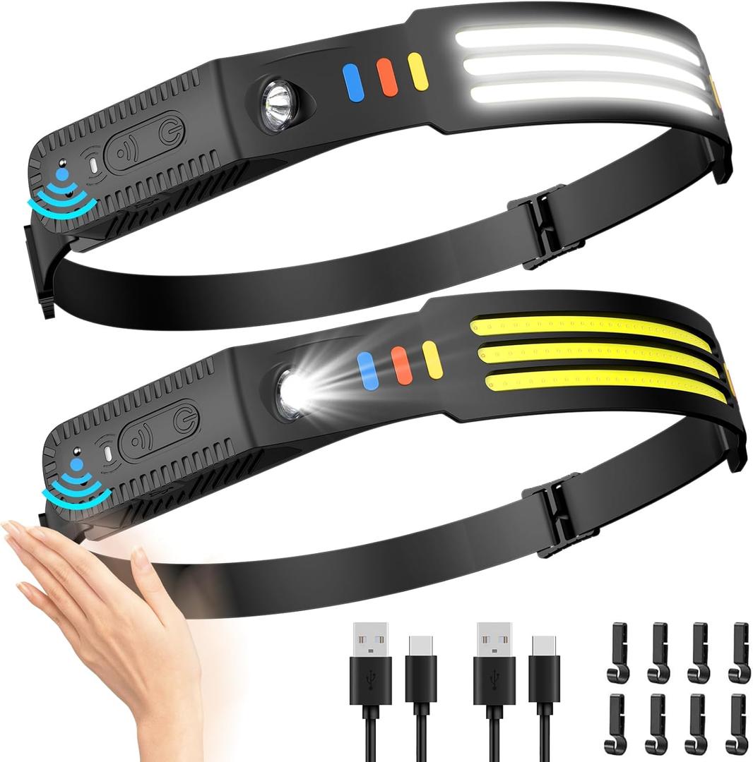 Headlamp Rechargeable 2Pack, 230Wide Beam Head Lamp LED, Head Flashlight with Motion Sensor, 5 Mode Head Lights for Forehead, Waterproof Headlamps for Adults Hiking Camping Gear