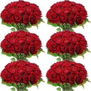 Jexine 50 Pcs Artificial Rose Flower Bulk Realistic Silk Fake Roses with Long Stem Plastic Artificial Flower Bouquet Real Looking for Home Wedding Centerpieces Party Decoration (Burgundy)