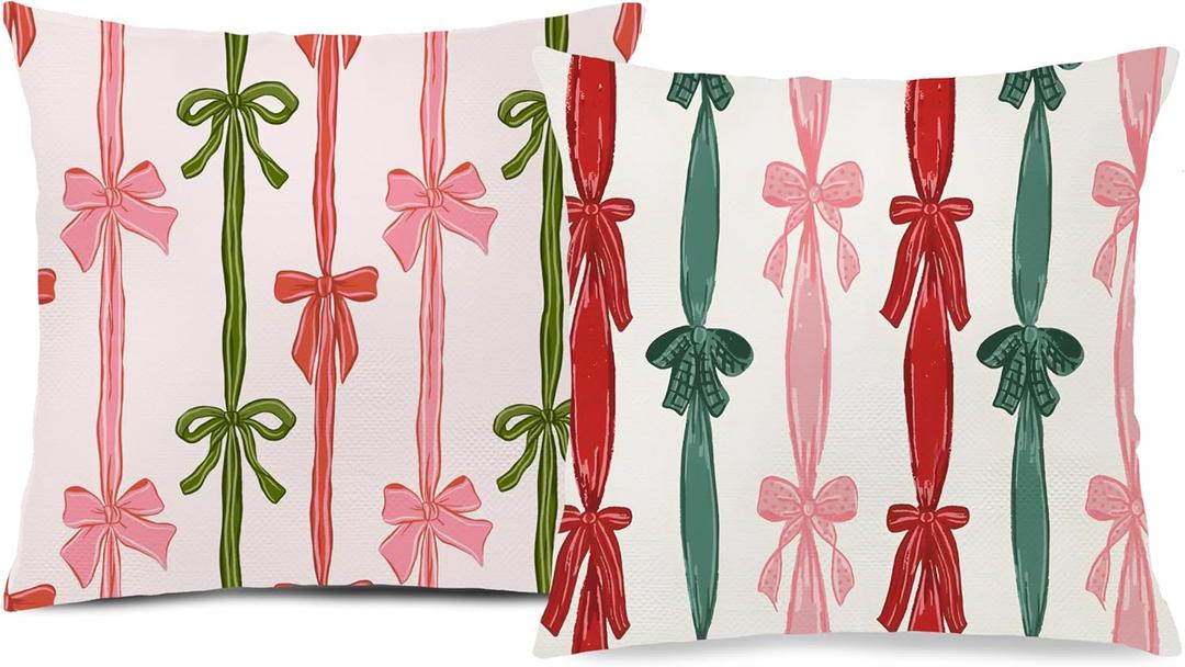 Coquette Pink and Green Christmas Bows Pillow Covers 18x18 Set of 2, Preppy Christmas Decor, Girly Pink Red and Green Xmas Ribbon Decorative Throw Pillow Covers for Girls Room Dorm Home