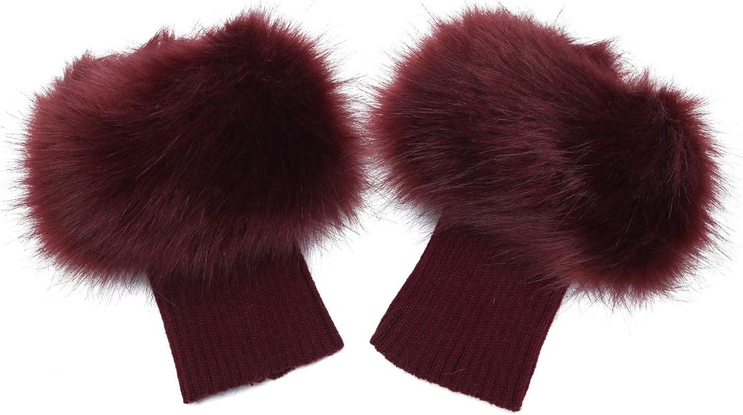 LA CARRIE Women Faux Fur Plush Leg Warmers Short Furry Fuzzy Leg Cuffs Girls Winter Knitted Boot (Burgendy)