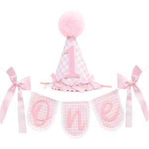 Pink Gingham First Birthday Party Decoration Set, ONE Banner 80 inches, Pink Gingham Party Hat, 5.5 inches, Pom Pom Topper with Number 1, Girls Birthday Decoration