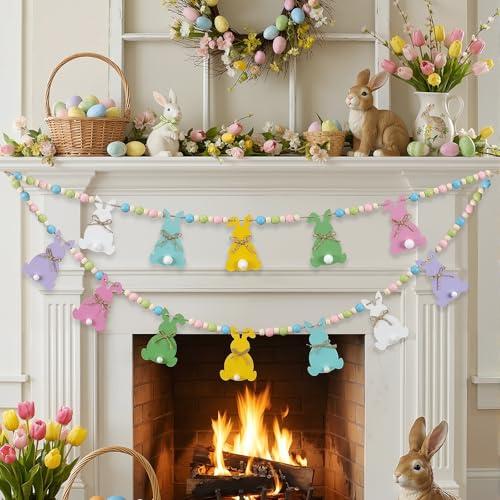 DoubleFill 1 Set Easter Mantle Garland 6.56 ft Wood Bunny Easter Beads Banner Rabbits Hanging Garland for Wall Fireplace Shelf Mantle Display Indoor Outdoor Decoration for Home Party Supplies