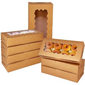 qiqee 50 Packs Brown Cookie Box with Window 12x5.5x2.5 Inch Two Uses Pastry Biscuit Bakery Box For Packaging