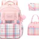 3Pcs Cute Backpack for Girls with Lunch Box & Pencil Case, Large Capacity Kids Bookbag for Elementary Middle School Students Waterproof Kawaii Preppy Aesthetic Plaid Backpack Age 4-16