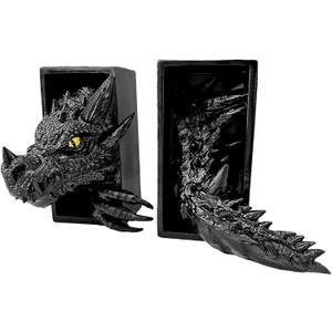 Dragon Bookshelf Decor Gothic Fantasy Bookends Black Animal Statues for Shelves Book Lovers Gifts Unique Resin Shelf Holder Set (10"*6.1"*4.9") Home Office Decorative