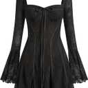 Women's Short Corset Y2k Mini Dress Long Sleeve Low Cut Lace Dress Vintage Solid Floral Party Dresses, M