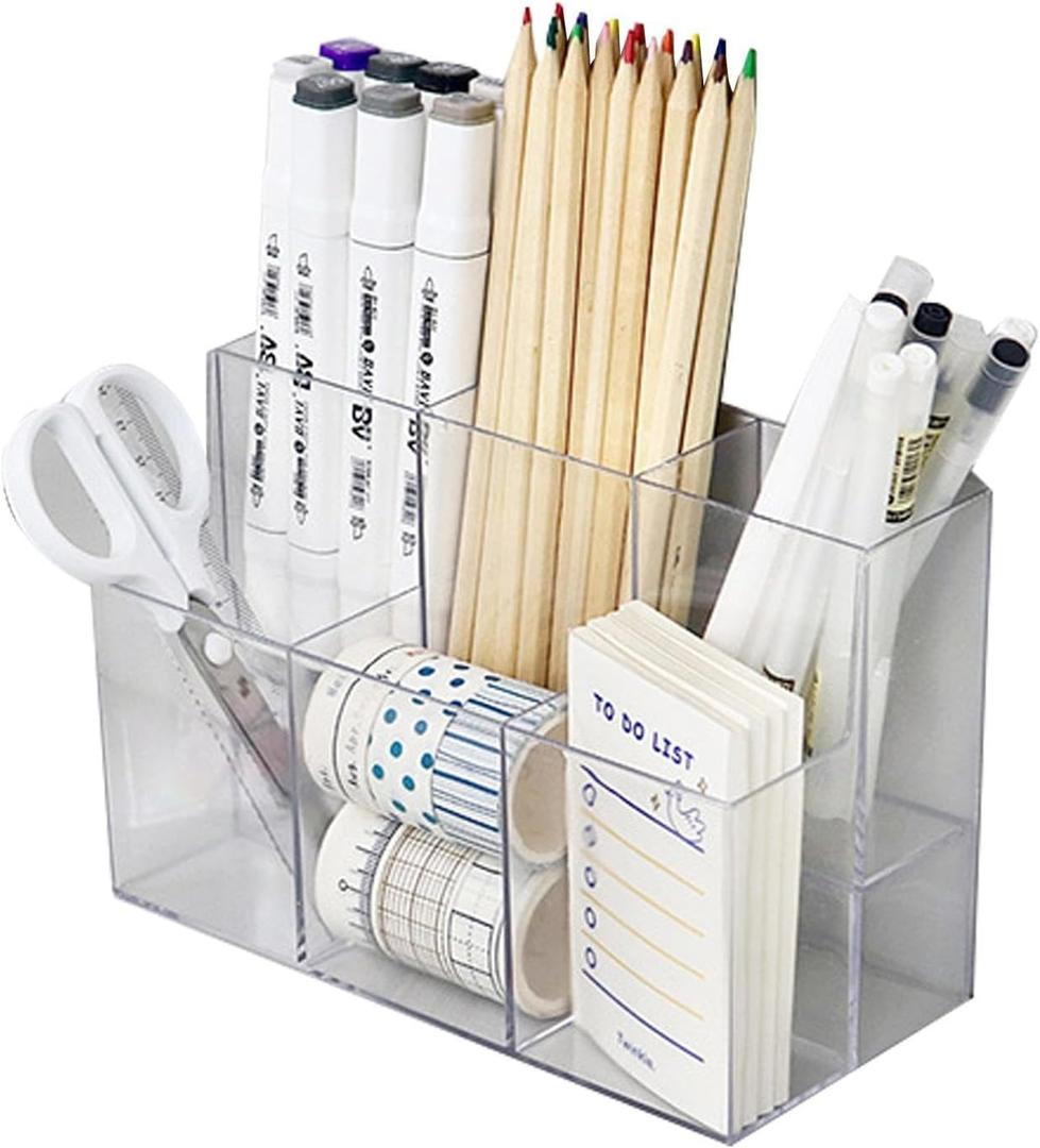 Acrylic Pen Holder, Multifunctional Transparent Pen Holder, Transparent Makeup Brush and Desk Accessories with 6 Compartments for Classroom, Bedroom Tytlyworth