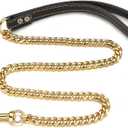 3FT/4FT/5FT Strong Gold Dog Chain Leash, 11/15mm Wide Stainless Steel Cuban Link Chain, Easy Hook,with Genuine Leather Handle, Short Leash, Long Leash, for Large/Medium/Small Dogs (11mm,3FT) (Length:3FT(36inch))