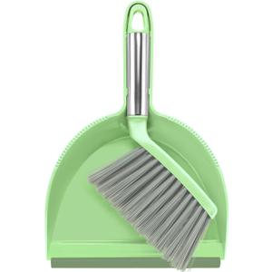 NACENA Mini Broom and Dustpan Set, Small Dust Pan and Brush Set with Handle Dustpan Teeth for Cleaning Hair Suitable for Office Desks Drawers Sofas Outdoor Camping, Light & Green
