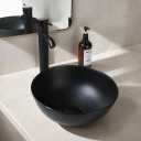 Black Vessel Sink with Faucet and Pop-Up Drain 13 inch Stone Resin Round Bathroom Basin Compact Vessel Sinks Top Mount Sink Bowls for Small Bathrooms Vanities Space Saving Design, 12.8x12.8x5.8 inches