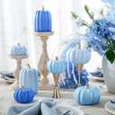 WDS WONDROUS Fall Pumpkin Decor Set of 7 Thanksgiving Decorative, Artificial Fake Blue Pumpkins with Gold Stems Decorations for Home, Resin Pumpkins Set Harvest Gender Reveal Mantel Table Centerpiece