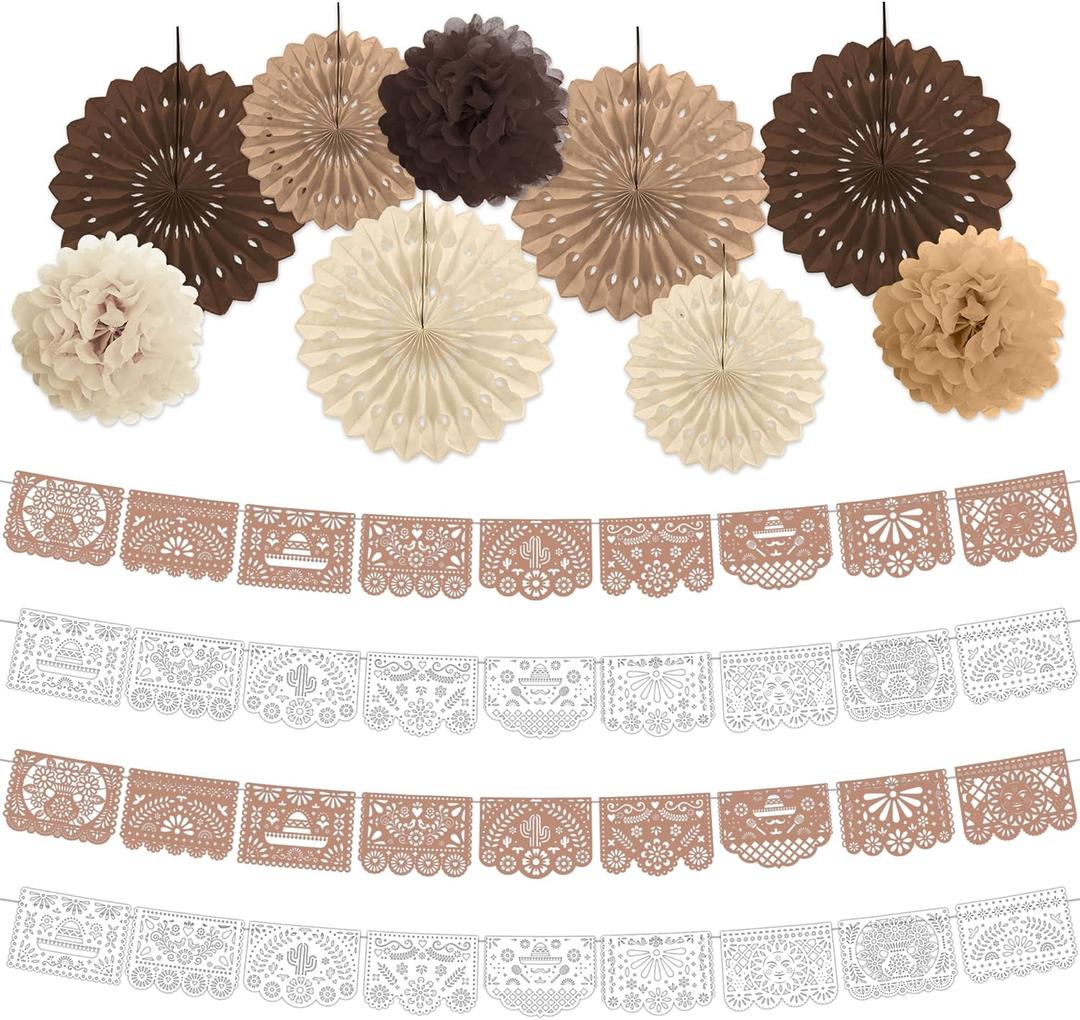Cielito Lindo Party Decoration, Papel Picado Banner with Tissue Paper Fans and Flowers, Mexican Fiesta Birthday Wedding Cinco de Mayo Party Supplies (Cream, Khaki, Brown)
