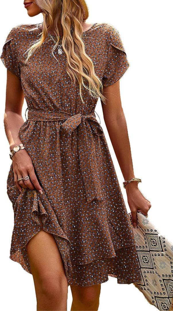 IFFEI Mommy and Me Matching Dresses Womens Summer Boho Floral Dress Ruffle Beach Mini Dress with Belt (S)