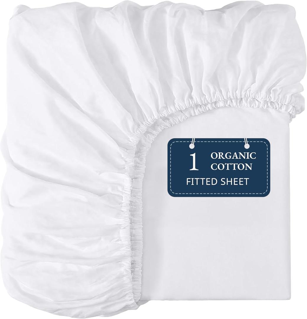Lane Linen 100% Organic Cotton Full Size Fitted Sheet Only (54"x75") - Super Soft 100% Cotton Full Fitted Sheet - Lightweight & Durable Cotton Bed Sheet - White
