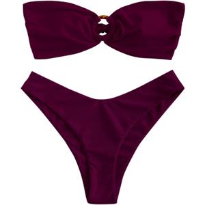 ZAFUL Women's Bandeau Bikini O Ring Strapless Tie Back High Cut Two Piece Swimsuit Bathing Suits (1-plum Pie)