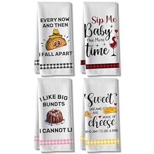 HSSPIRITZ Funny Kitchen Towels, Cute Decorative of 4 Dish Towels Sets, Absorbent Waffle Hand Towels, Housewarming Gifts for New Home, Women, Mom, Funny House Warming Presents, Hostess