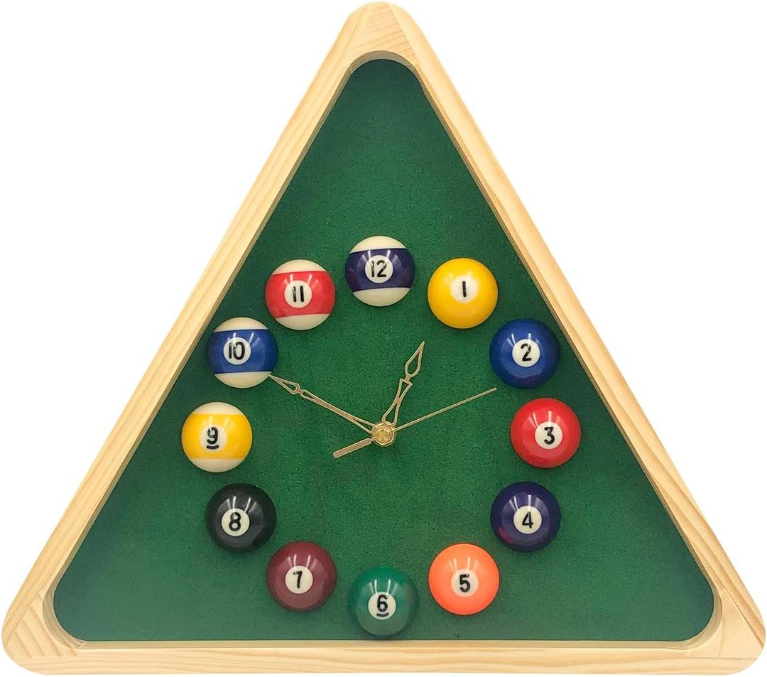 Yuanhe Billiards Pool Ball Clock - 14Inch Triangle Pool Table Cool Wall Clock with Solid Wood Frame,Great for Billiards Room,Pool Room,Game Room,Bar