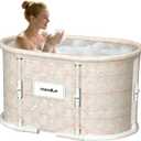 Portable Bathtub, Foldable Bathtub No Installation, Freestanding Shower Bathtubs with Cushion, Collapsible SPA Soaking Bath Tub, Hot & Ice Bath Tub for Indoor Outdoor (Pink White Grid)