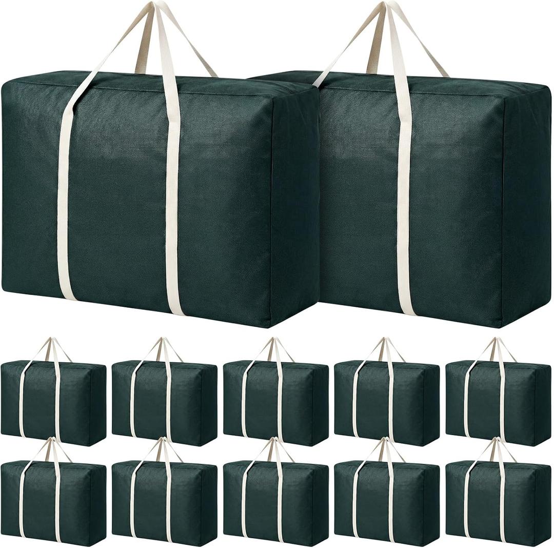 Sadnyy 12 Pack Extra Large Moving Bags Bulk with Carrying Handles & Zipper 32 Gal /120 L Reusable Waterproof Packing Bags Foldable Storage Organizer for Clothes, Bedding, Comforters(Green)