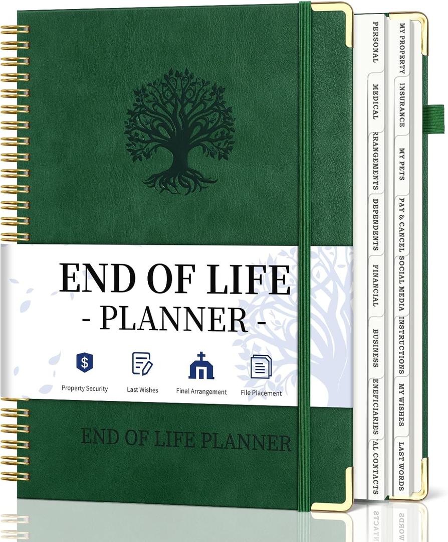 End of Life Planner, Spiral Estate Planning Organizer with Tabs for Senior, I'm Dead Now What Planner for Final Arrangements & Important Affairs with Large Print, 7.9"x10.4", Green