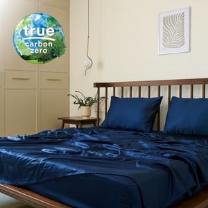 Weddingly Certified 100% Tencel Eucalyptus California King Lyocell Sheets|4 Piece Set|Sateen Weave|True Carbon Zero|Gentle to Skin|Genuity Tags|Natural Sheen|Body Temp Regulation (Navy Blue)