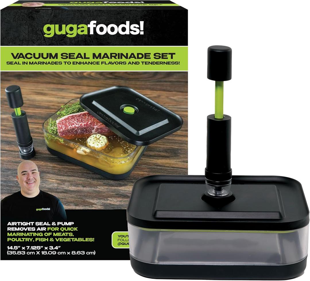 Guga Foods Vacuum Seal Marinade Container Set, Air Sealed Pump, Removes Air for Quick Marination, Barbecue & Grilling Marinator