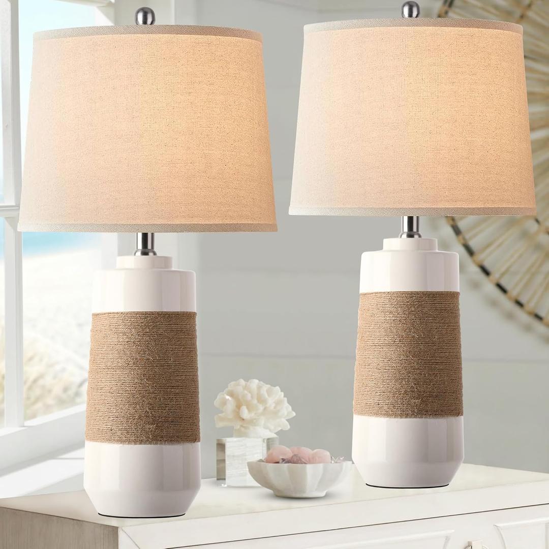 Hamucd White Boho Ceramic Lamps with Rope for Living Room Set of 2 Nautical Rattan Coastal Bedside Table Lamps for Bedroom Beach Nightstand Lamps with 2 Bulbs