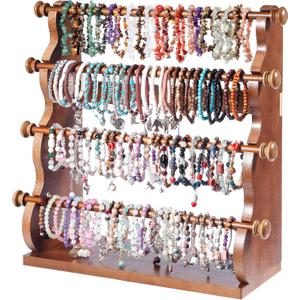 4 Tier Wooden Bracelet Holder, Bangle Watch Necklace Display Storage Antique Bracelet Display Jewelry Holder Stand Display Organizer, Brown 4 Tier Wooden Bracelet Holder