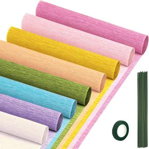 Crepe Paper Streamers 8 Rolls10 x 98Inch 8 Colors Crepe Paper Sheets 20 Pcs Floral Iron Wire 1 Pcs green floral adhesive tape for Colourful Paper Flower Crafts (light rainbow serise8 Color)