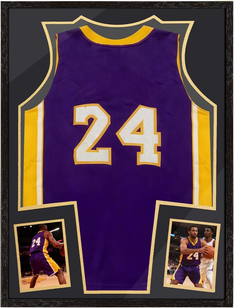 Jersey Frame Display Case for Basketball,Solid Wood Shadow Box with PET Transparent Protection,4x6 Two Photo Frame, Black Walnut Finish