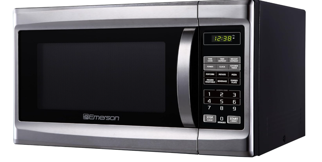 Emerson MW1338SB Countertop Microwave Oven, 6 Pre-Programmed Settings, Removable Glass Turntable, Child Safety Lock, 1.3 Cu ft, 1000W, Stainless Steel 