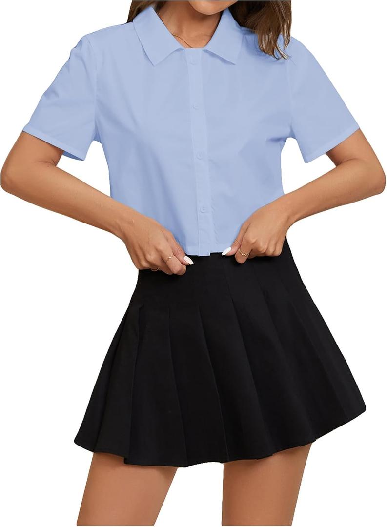 SweatyRocks Women's Casual Short Sleeve Button Down Shirt Collar Blouse Crop Top, Size: Small