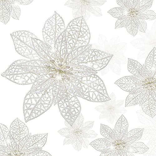 Boao White 24 Pieces Poinsettia Flower Christmas Glitter Artificial Poinsettia with Clips Christmas Tree Ornament Decorations for DIY Xmas Wreath Holiday Home Party Decor, 3/4/6 Inches