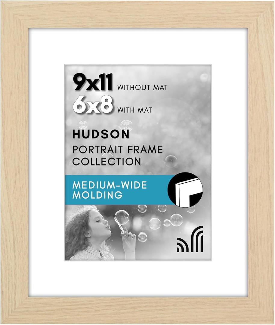Americanflat 9x11 Picture Frame with Shatter-Resistant Glass - Use as 6x8 Frame with Mat or Display 9x11 Photo Without Mat - Hudson Collection - Wide Picture Frames for Tabletop and Wall - Natural Oak