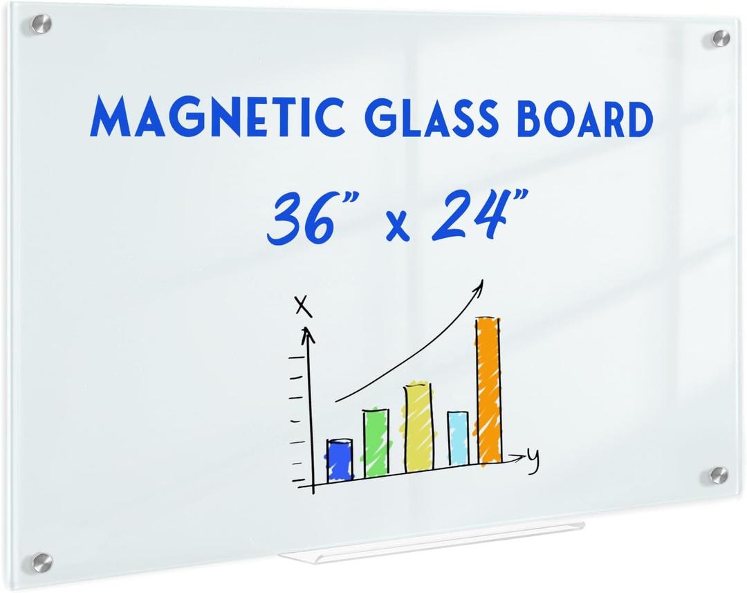 Magnetic Glass Whiteboard for Wall, 36" x 24" Glass Dry Erase Board, Large Frameless White Board for Home and Office with 1 Marker Tray - Normal White