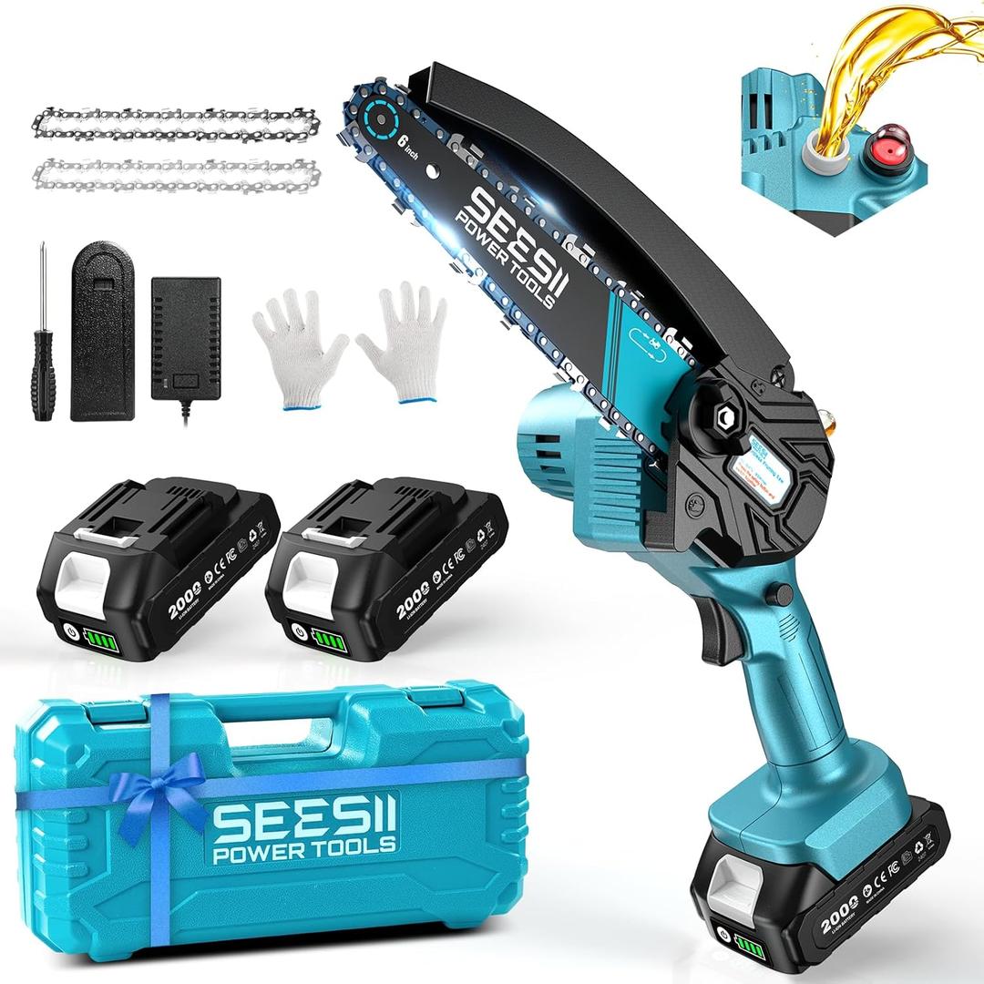 SEESII Mini Chainsaw 6 inch, Cordless Chainsaw w/ 2x2000mAh Batteries, Oiler System & Replacement Chain, Handheld Electric Chain Saw w/ Safety Lock, Battery Powered Chainsaw for Wood Tree Cutting, M6 Plus
