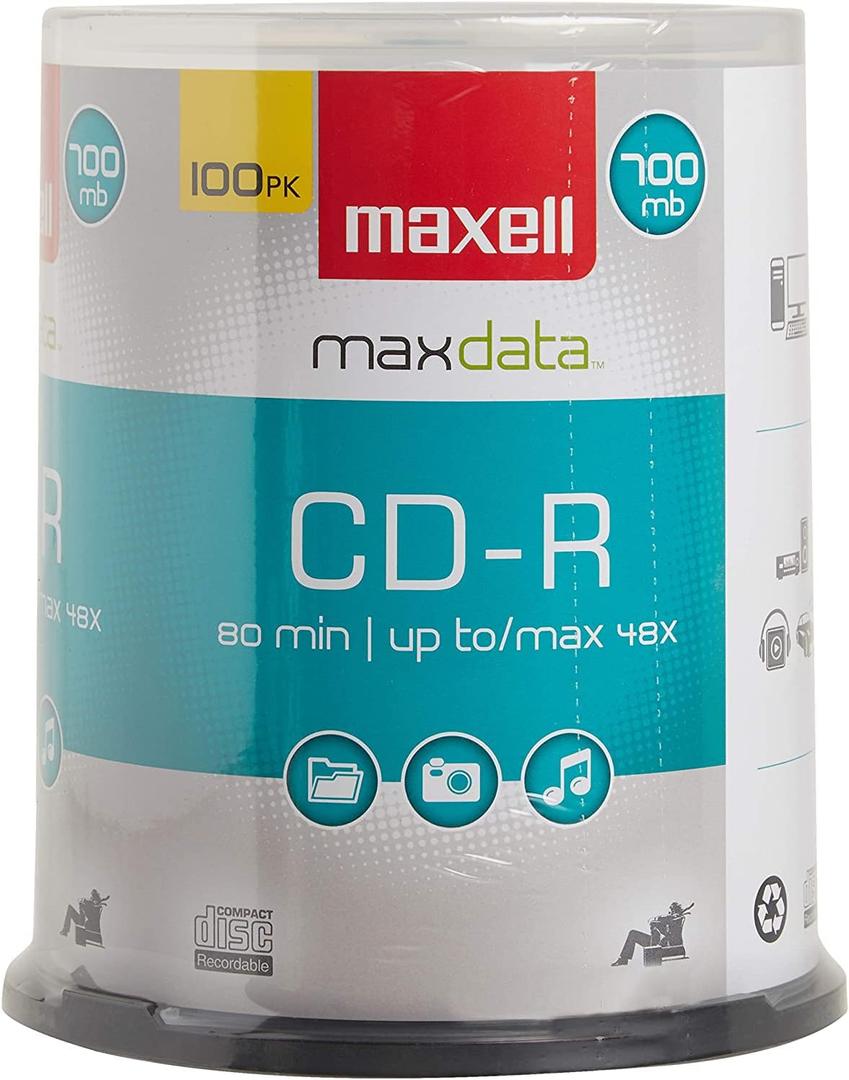 Maxell 648200, Premium Quality Noise free Surface Playback Recordable CDs 700Mb Storage  2x to 48x, Write Speed 80 minutes - Blank CDs, CD Storage & Reusable Spindle Case Holder  100 Pack