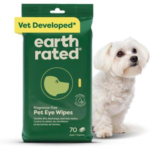 Earth Rated Vet-Developed Pet Eye Wipes, Hypoallergenic Cleaner for Dogs & Cats Eyes to Remove Dirt & Discharge, Fragrance Free, 70 Count (70 Pet Eye Wipes, Unscented)