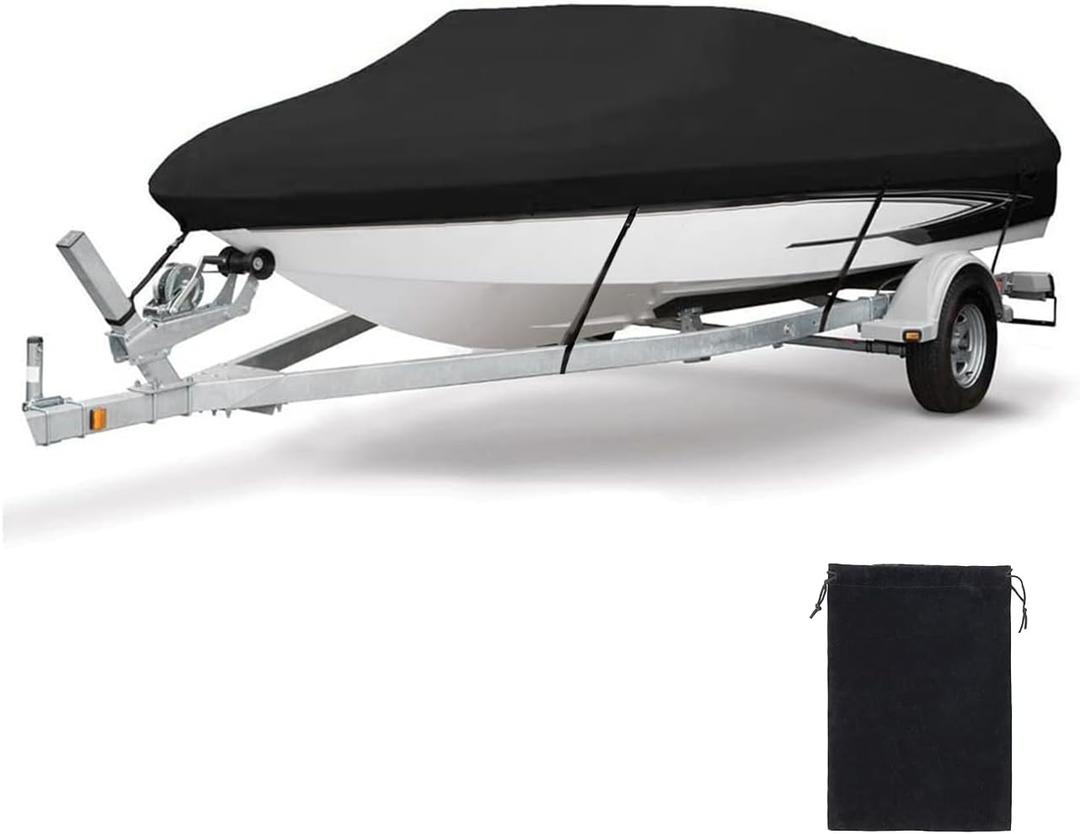 Heavy Duty Waterproof Boat Cover, PU Marine Grade Polyester Boats Covering, UV Resistant Bass Boat Cover, Fits V-Hull Tri-Hull Fish&SkiBoat, Runabout (17'-19', Beam Width up to 96")