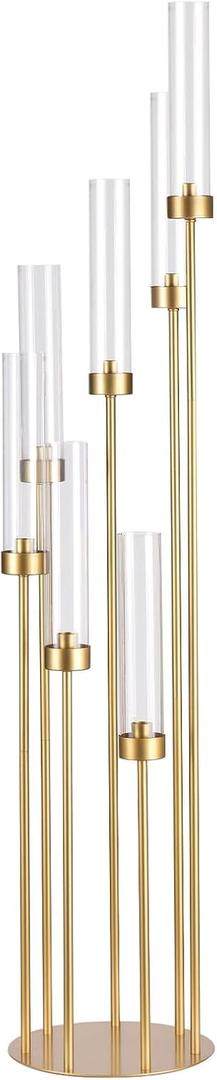 Acrylic Candelabra Centerpieces for Wedding,7 Arm Floor Candelabra with Lampshades Gold Centerpieces for Table Valentine's Day Ceremony Dinner Party candelabros para centros de mesa(1PCS)