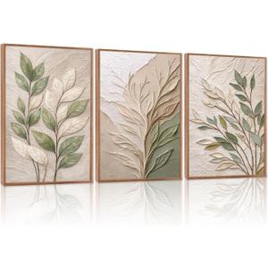 CHDITB 3D Impasto Sage Green Leaf Wall Art, Boho Earth‑Tone Foliage Decor, 16"L x 24"W